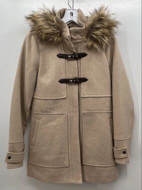 CoffeeShop Beige Wool Blend Hooded Toggle Duffel Coat Faux Fur Trim Size S Small